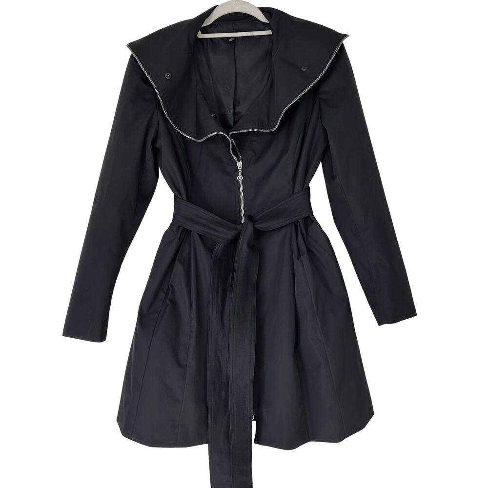 Samuel Dong Black Fit & Flare Belted Trench Coat XS Zip Front Convertible Collar